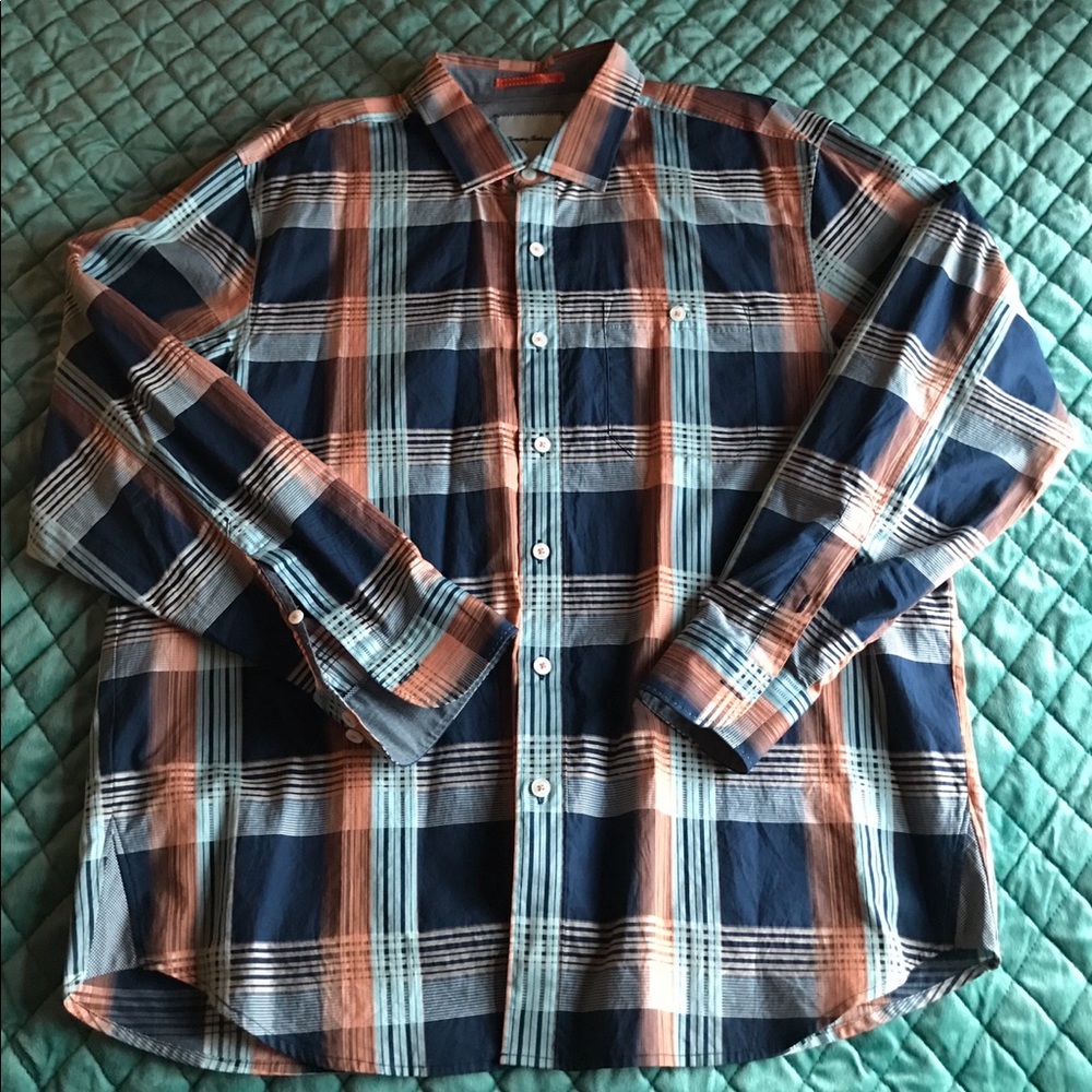 Tommy Bahama blue/orange plaid men button up shirt
